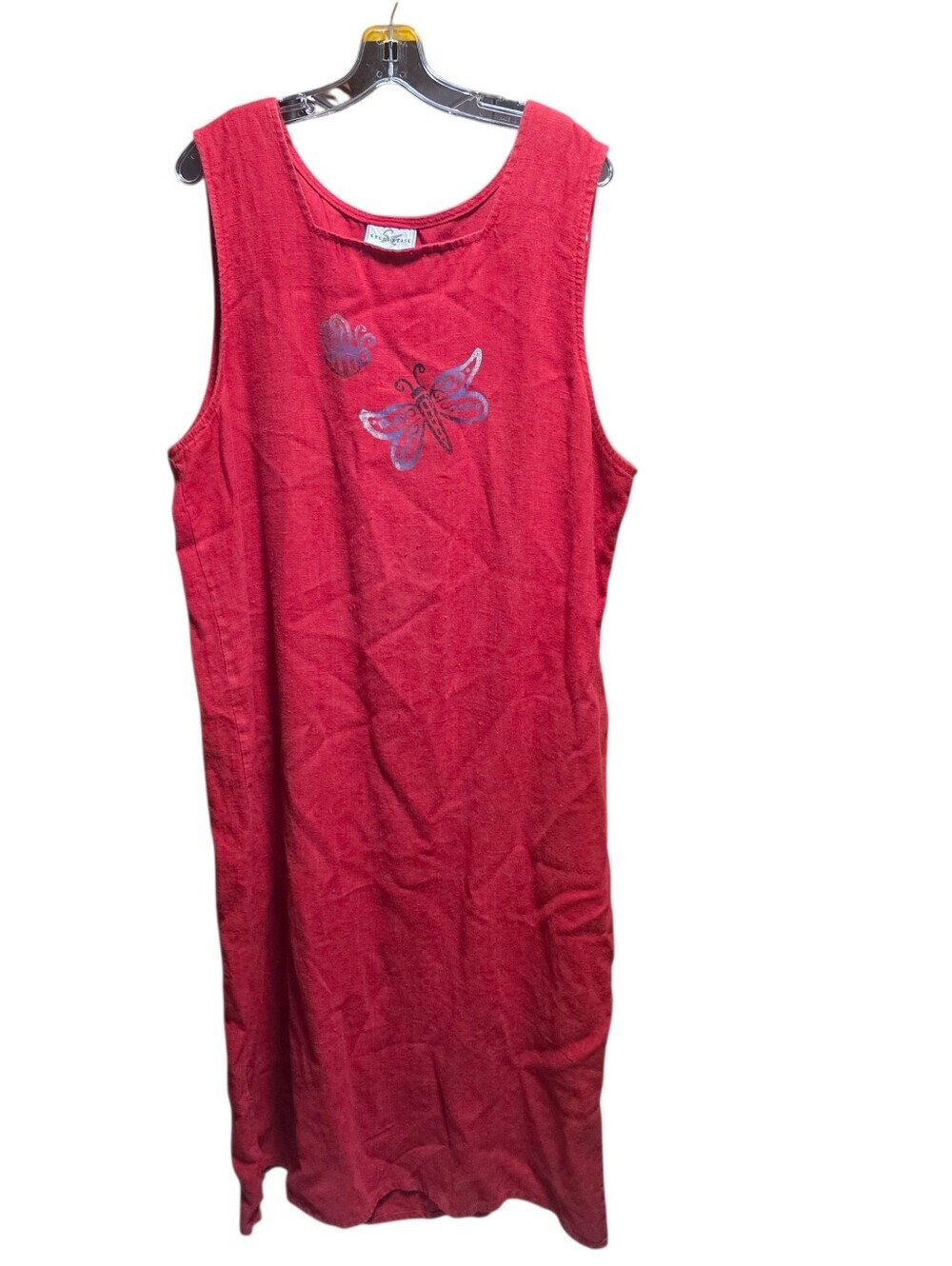 Studio Ease Vintage Linen Blend Red Maxi Dress Butterfly Design Size 16